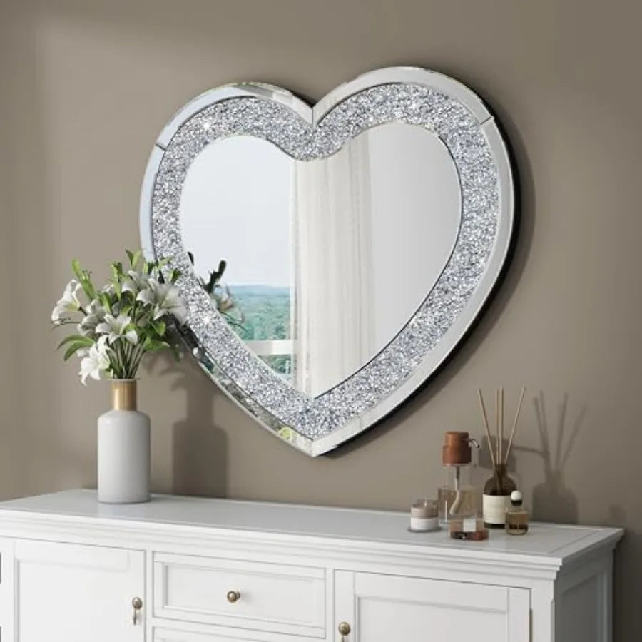 Heart Shaped Decorative Wall Mirror With Silver Diamond