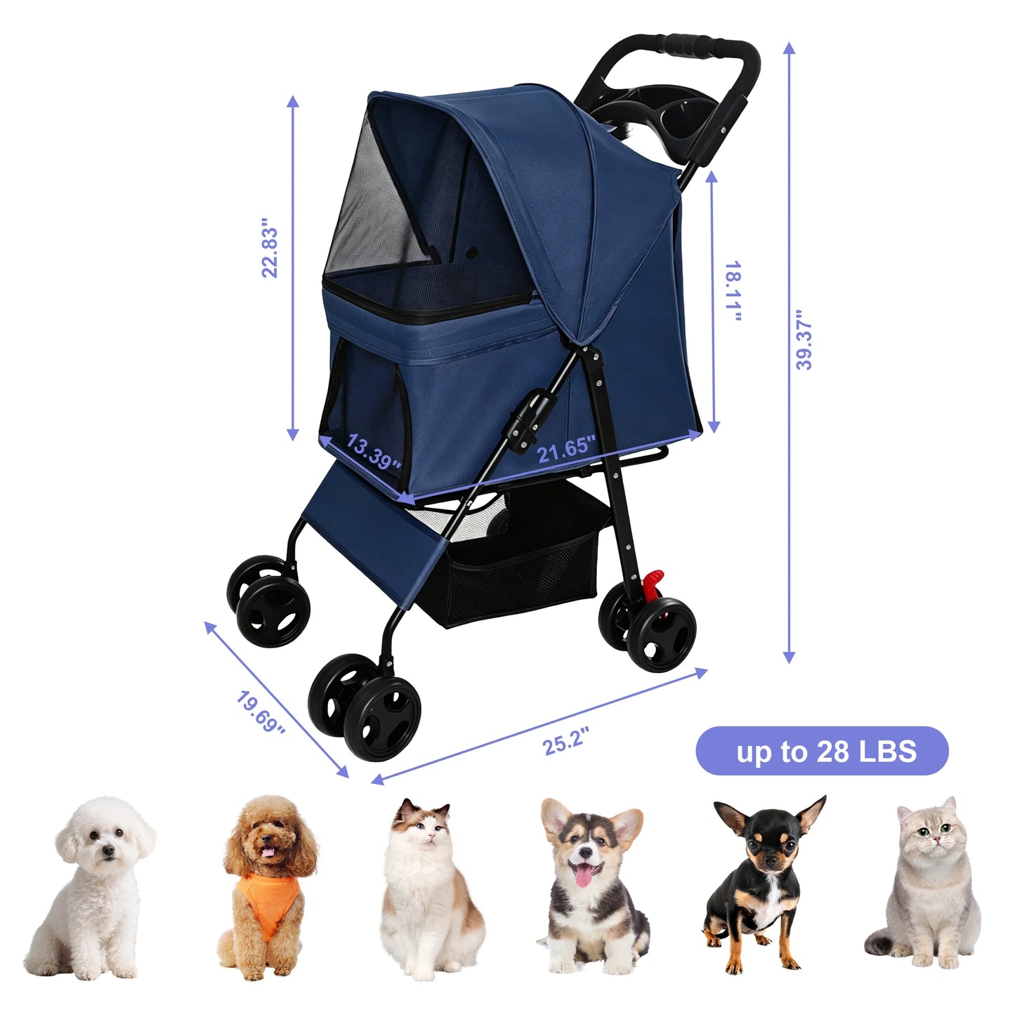 Foldable Pet Stroller With Mesh For Small Dogs And Cats