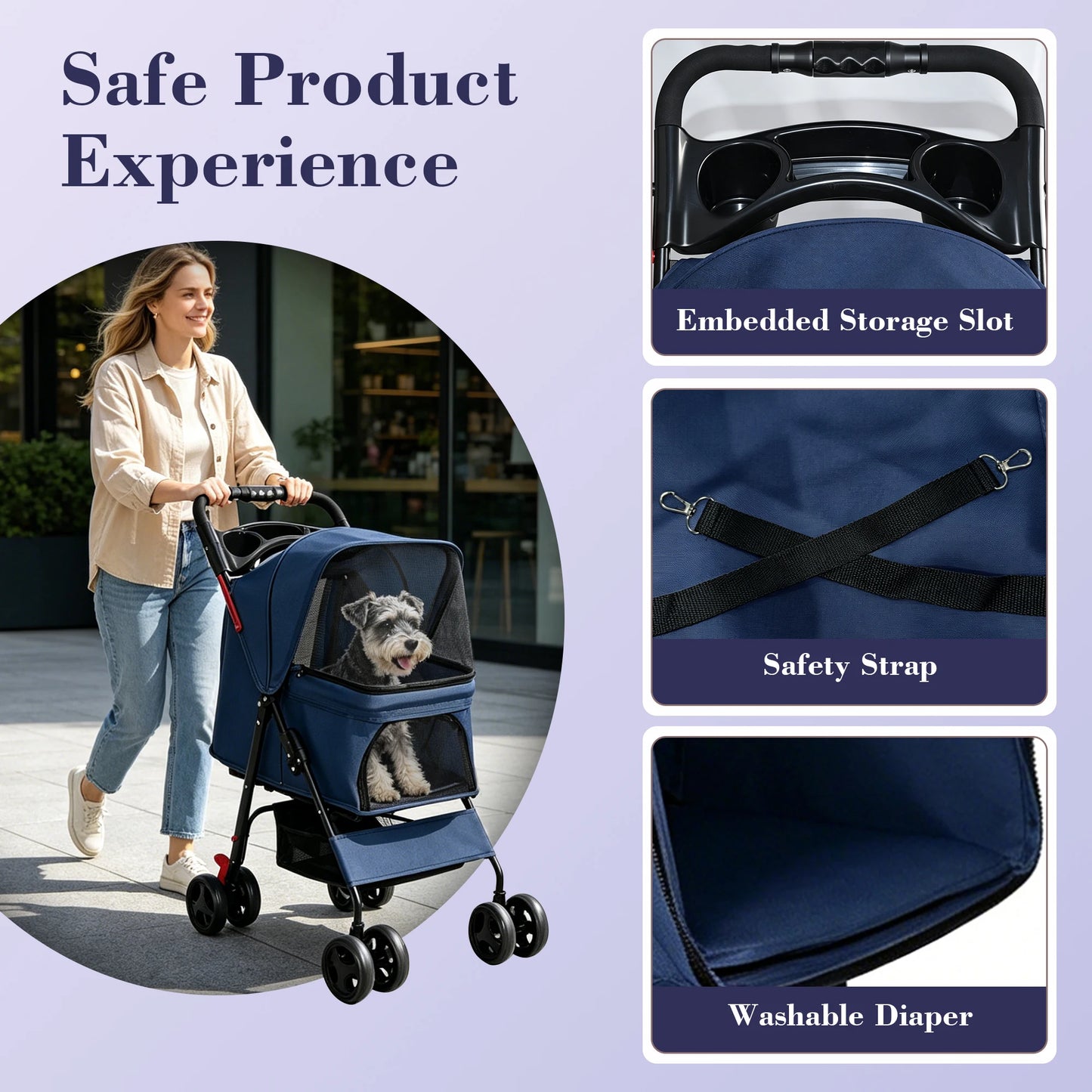 Foldable Pet Stroller With Mesh For Small Dogs And Cats