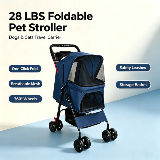 Foldable Pet Stroller With Mesh For Small Dogs And Cats