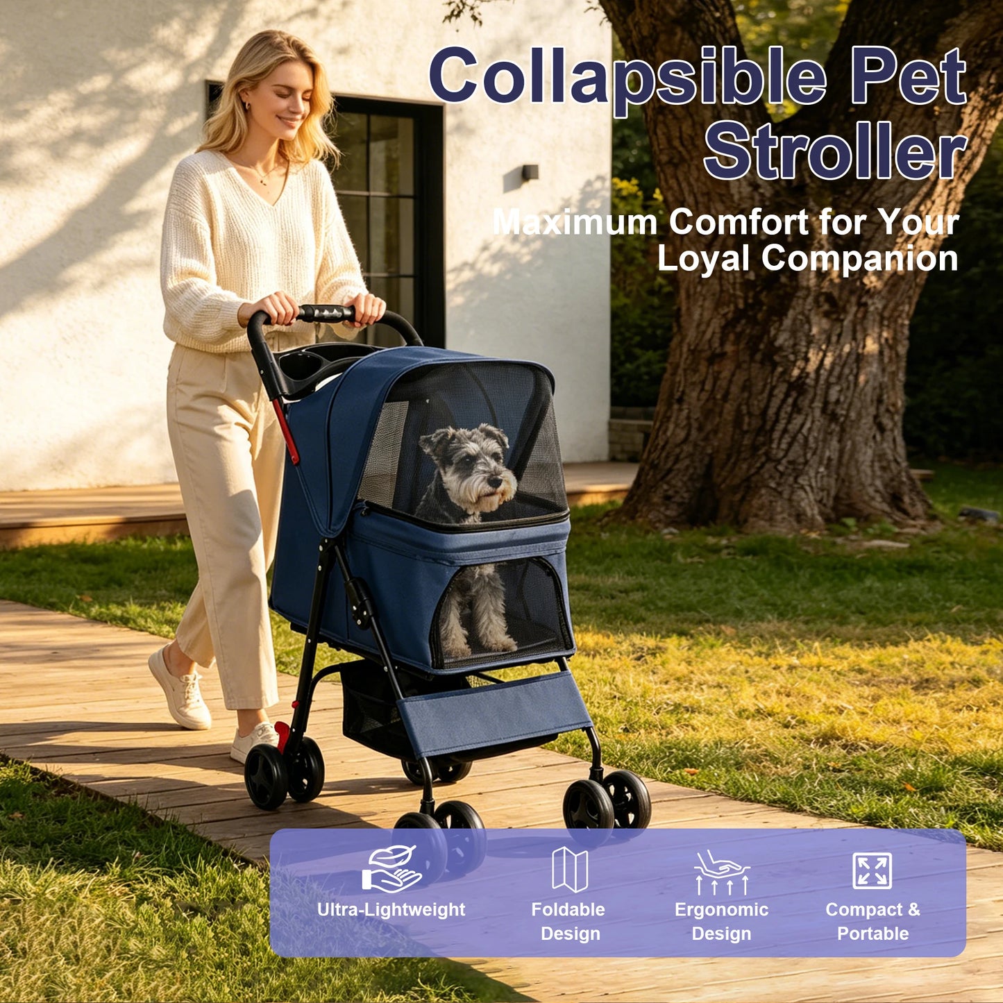 Foldable Pet Stroller With Mesh For Small Dogs And Cats
