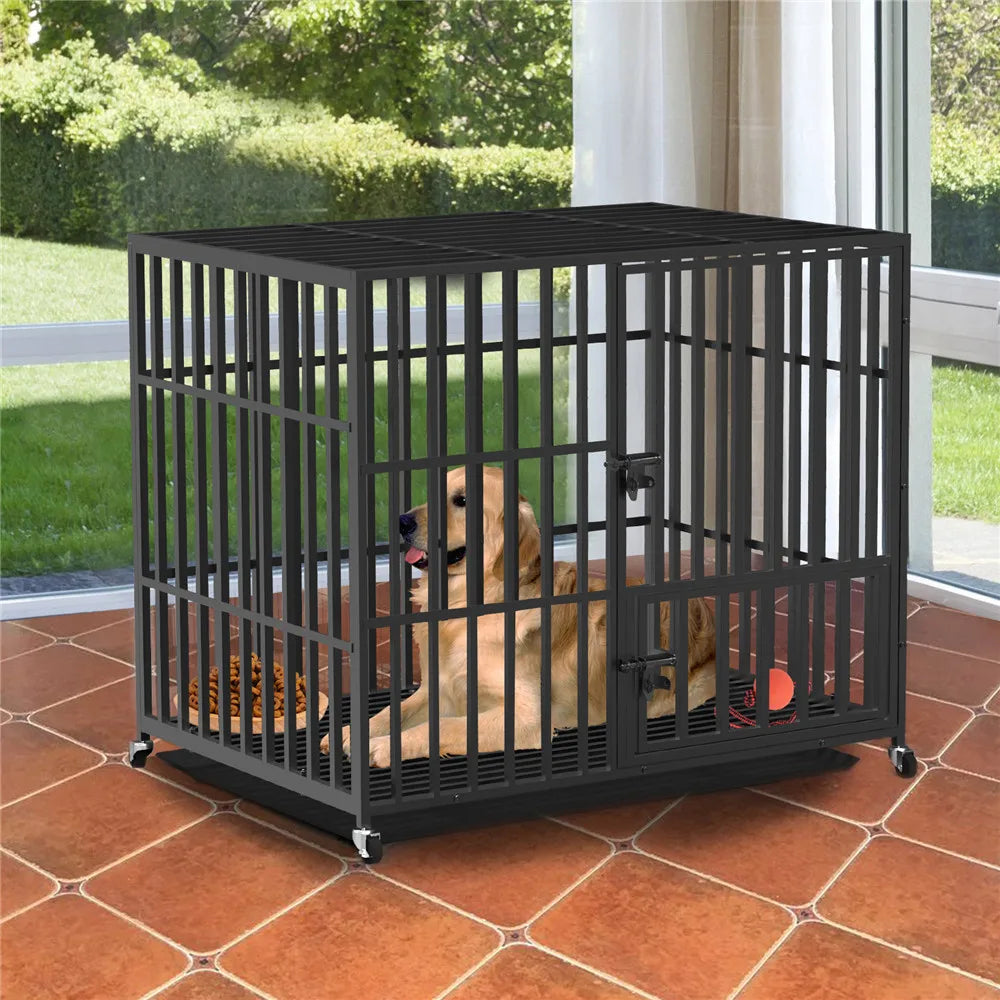 BINGOPAW Heavy Duty Metal Dog Cage Removable Tray And Wheels