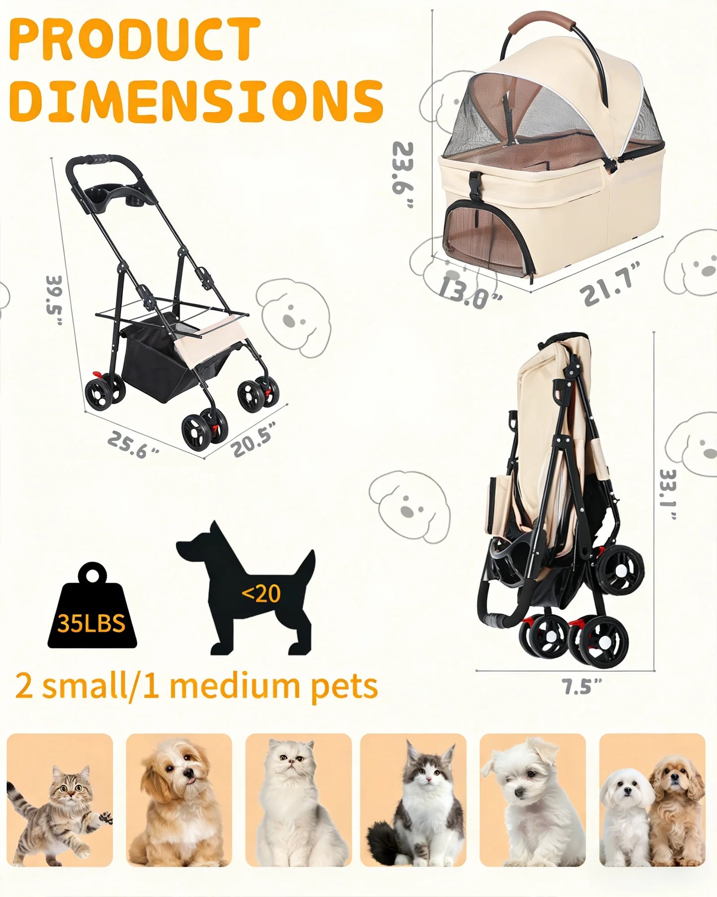 Cabusatly 2in1 Pet Stroller With Removable Carrier