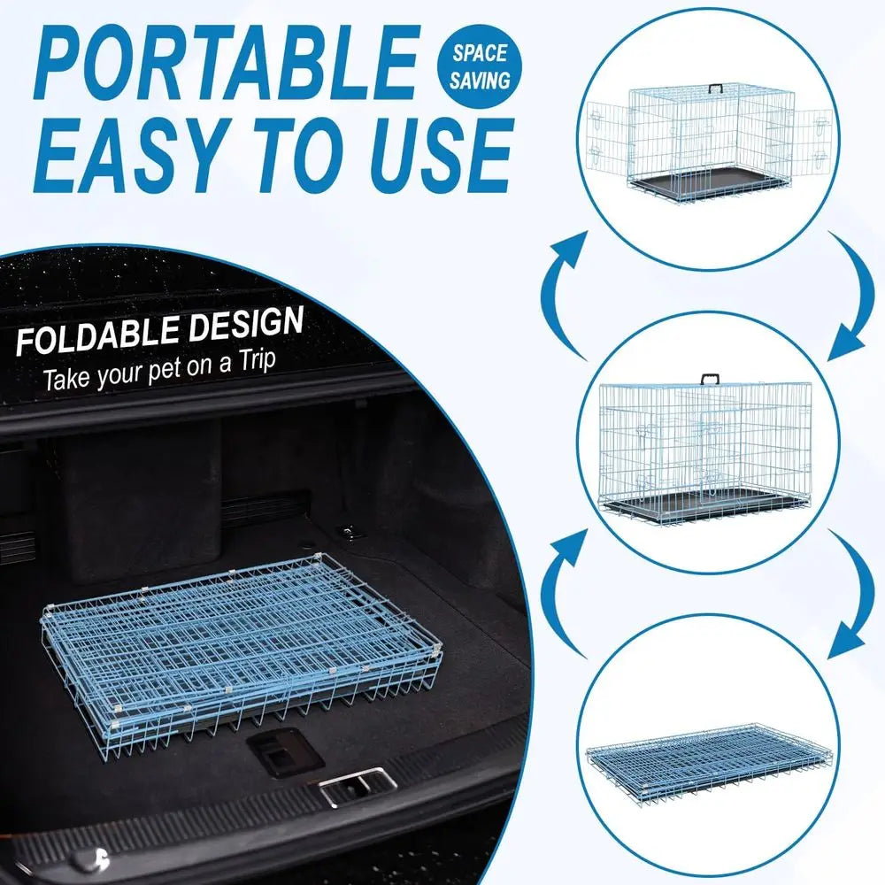 Secure Metal Dog Crate Double Doors Leak Proof Pan