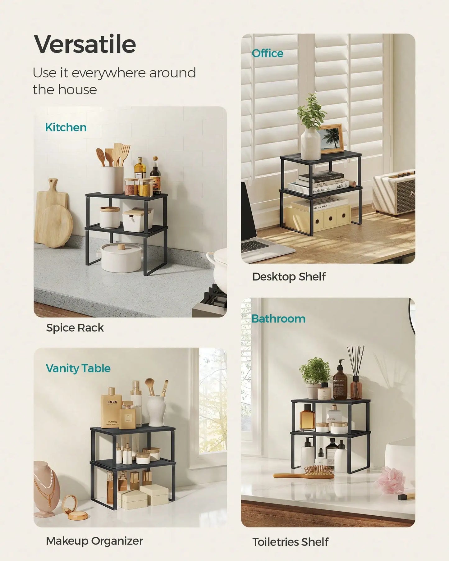 Stackable Cabinet Organizer Shelf Set With Metal Wood Top