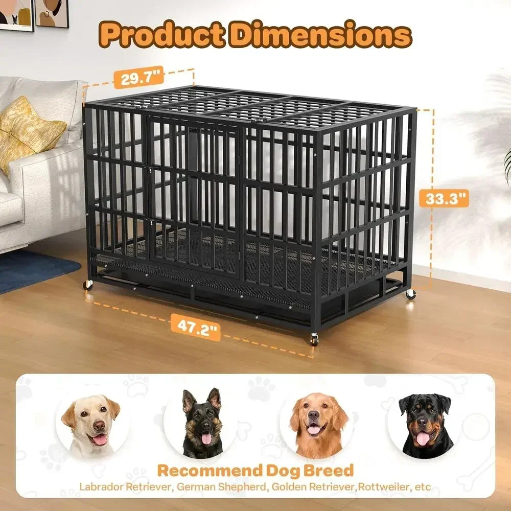 Heavy Duty Metal Dog Crate With Double Door And Wheels