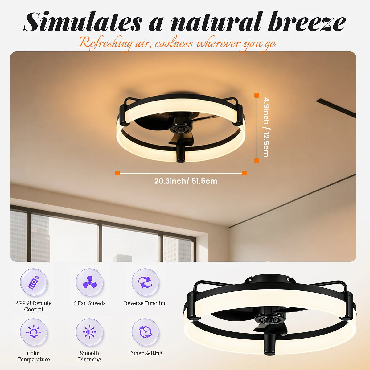 Aiopp Three Color Dimmable Ring LED Flush Mount Ceiling Fan