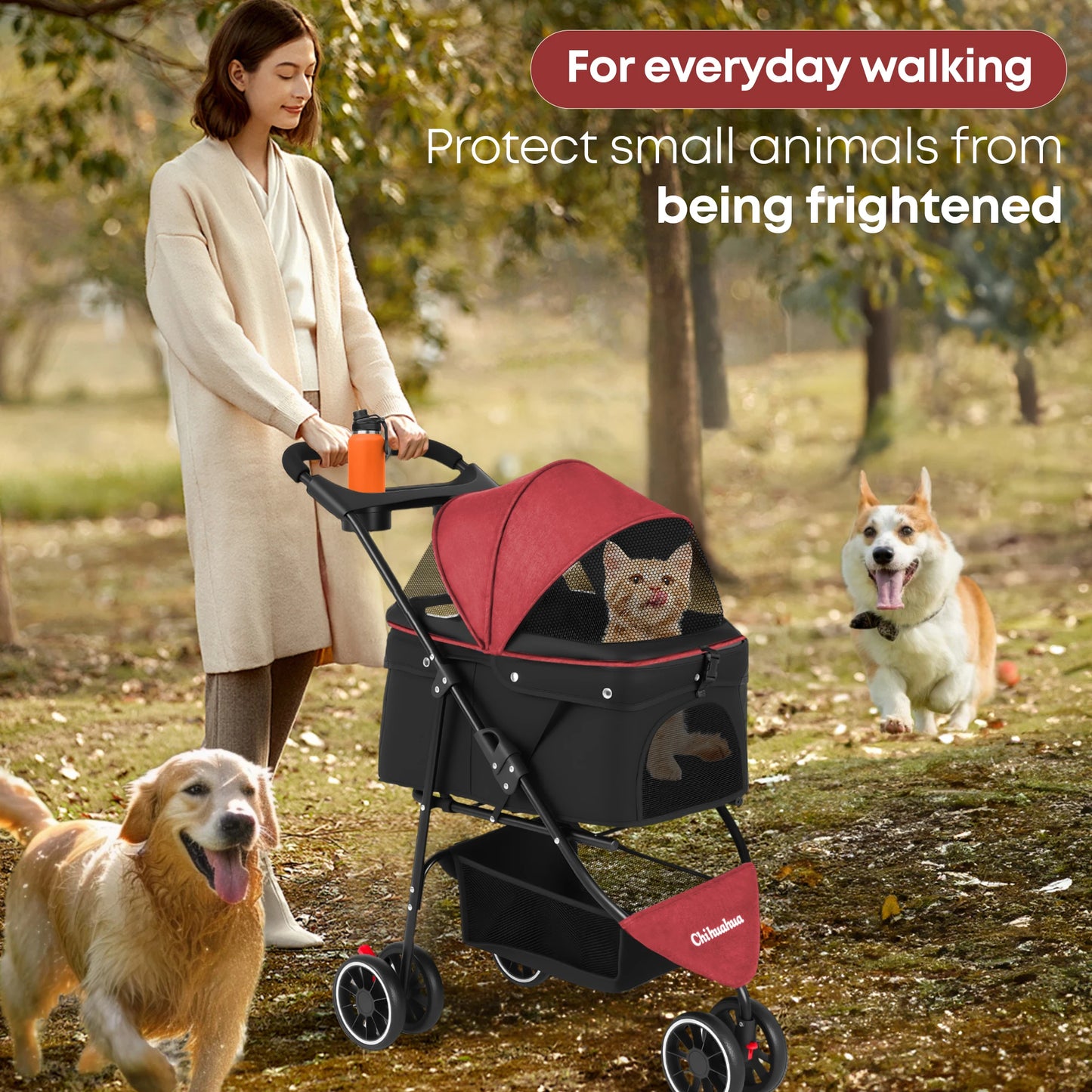 Chihuahua Pet Stroller 3 Wheel Foldable Breathable Canopy