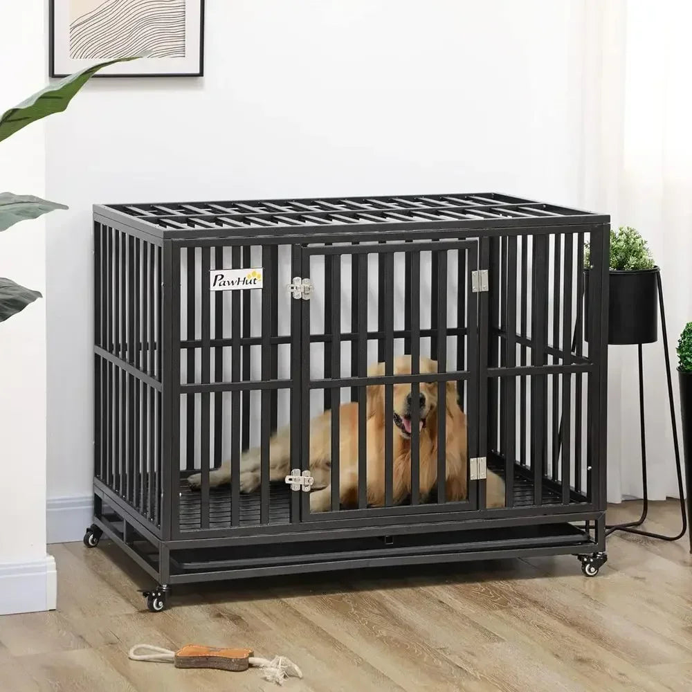 Heavy Duty Metal Dog Crate With Wheels And Slide Pan