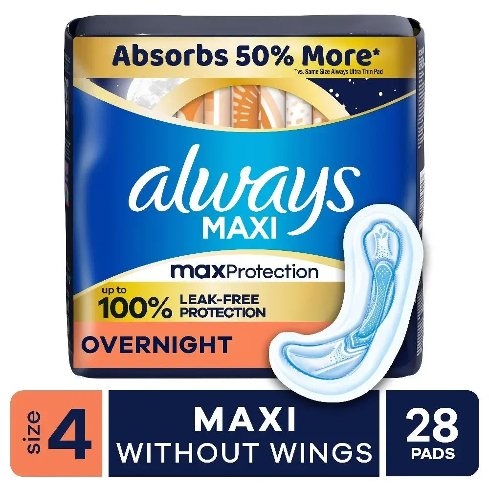 Overnight Absorbency Maxi Pads without Wings Size 4 Heavy Flow Sanitary Napkins 28 Count Long Super Pads for Women Ultra Protection for Night Use