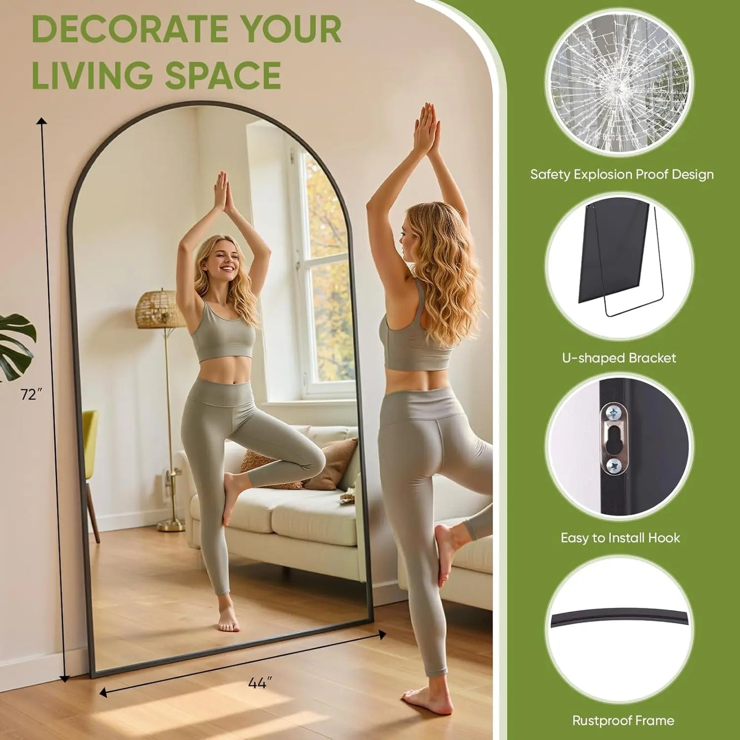 Arched Standing Mirror Shatter Resistant Easy Assembly