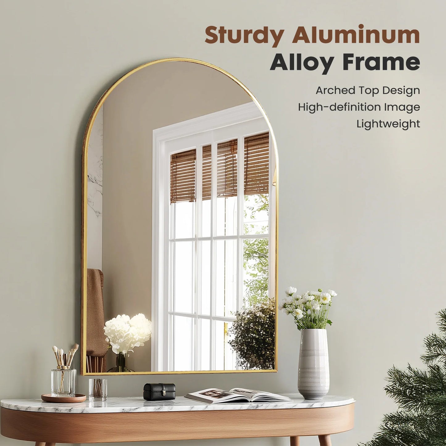 JHK Arched Metal Framed Bathroom Mirror For Wall Hanging