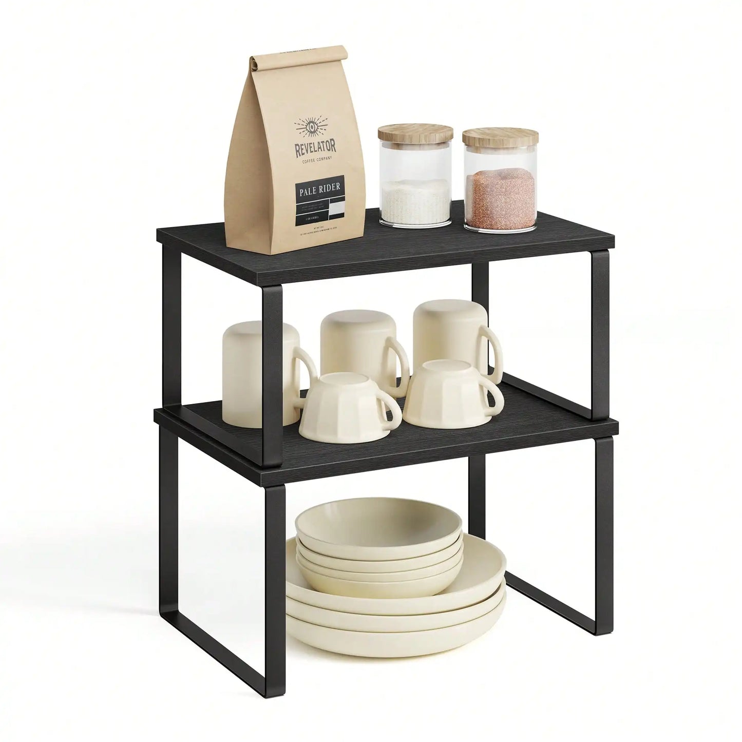 Stackable Cabinet Organizer Shelf Set With Metal Wood Top