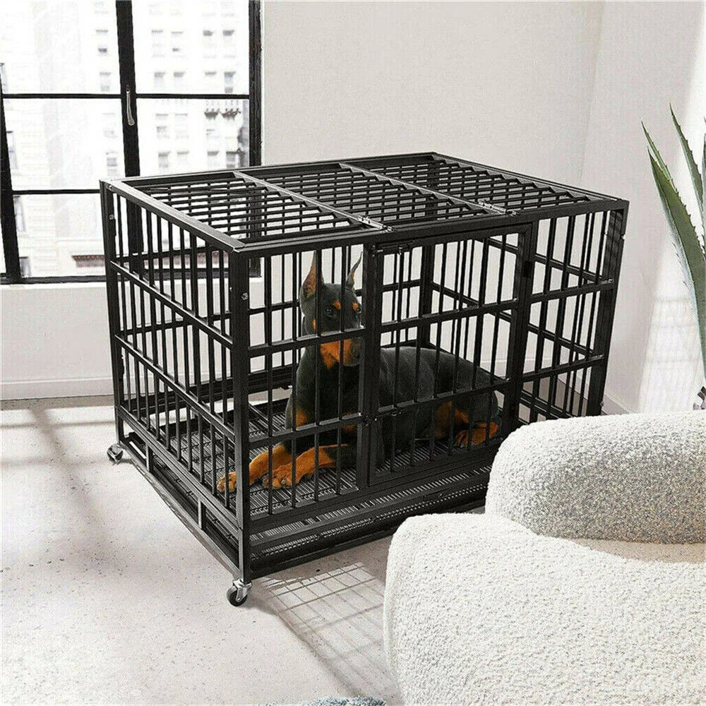 Borwart Heavy Duty Metal Dog Crate With Tray And Wheels