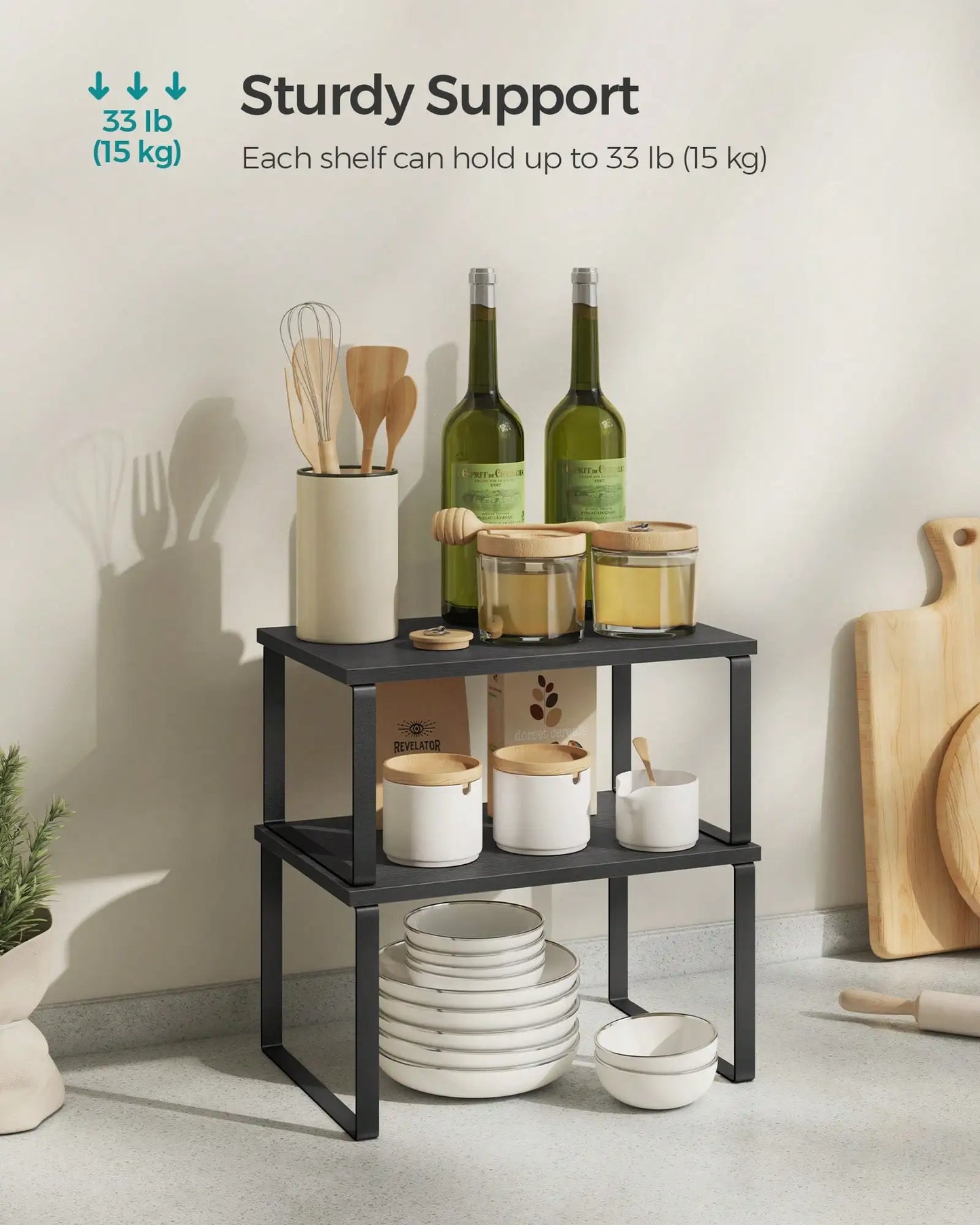 Stackable Cabinet Organizer Shelf Set With Metal Wood Top