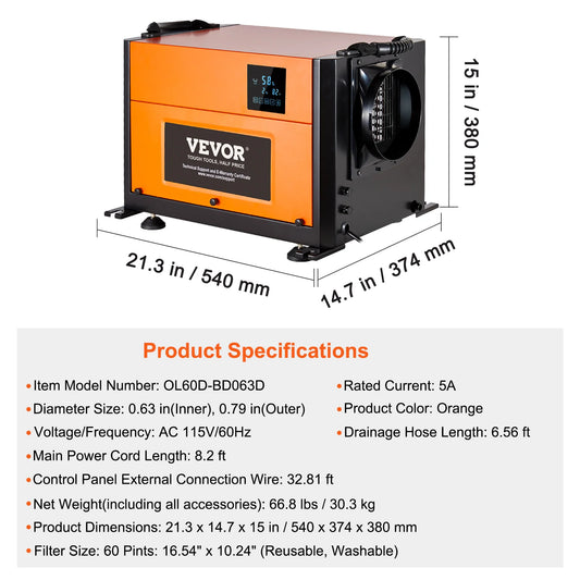 VEVOR Large Capacity Commercial Dehumidifier with Drain Hose