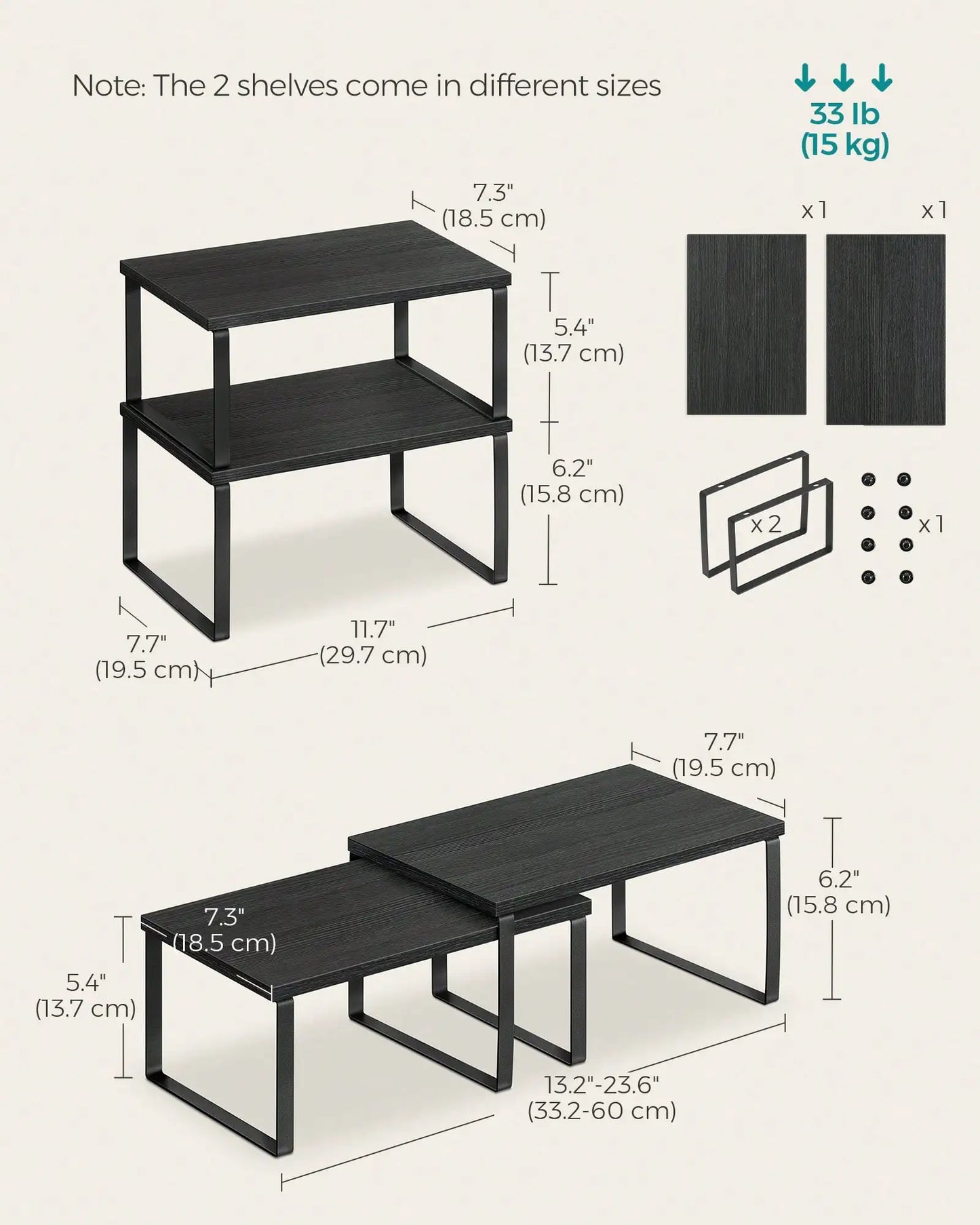 Stackable Cabinet Organizer Shelf Set With Metal Wood Top