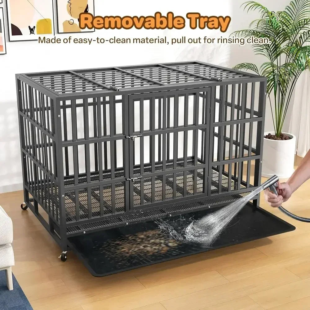 Heavy Duty Metal Dog Crate With Double Door And Wheels