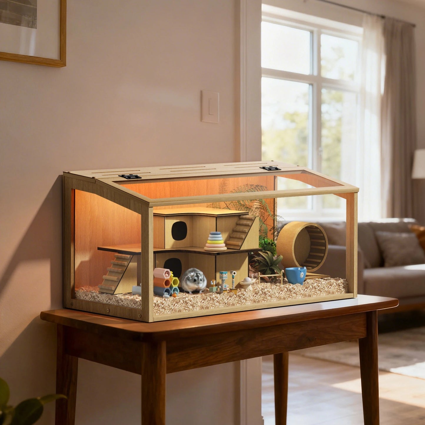 Wooden Hamster Cage With Built In LED Light