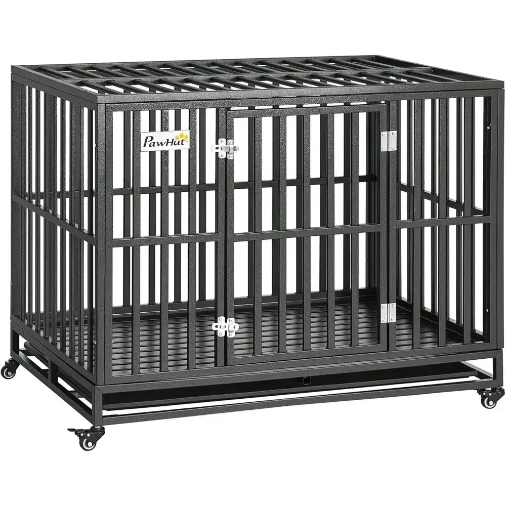 Heavy Duty Metal Dog Crate With Wheels And Slide Pan
