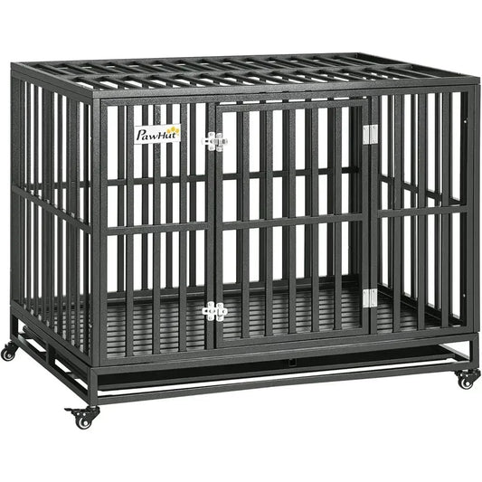 Heavy Duty Metal Dog Crate With Wheels And Slide Pan