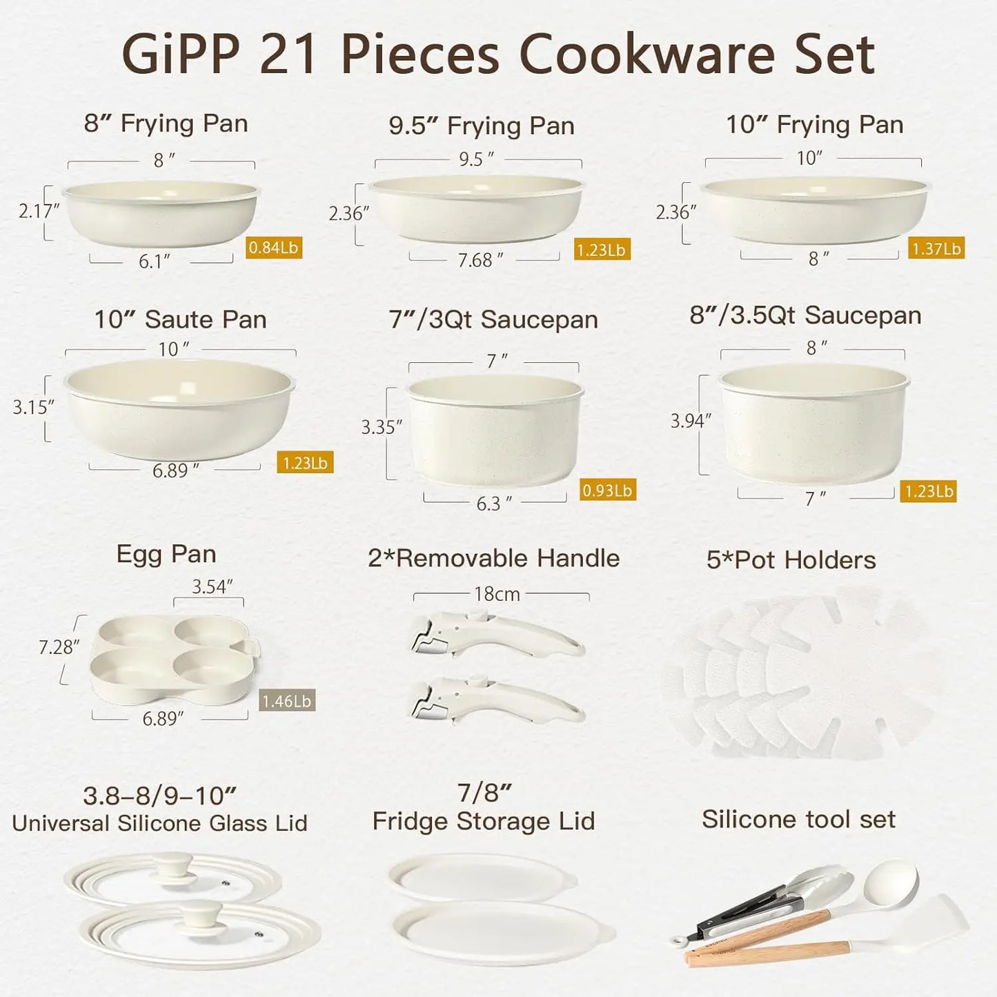 Ceramic Pots and Pans Set Non Stick, 21 Piece Detachable Handle Cookware, Healthy Non Toxic PFAS PFOA PTFE Free, Dishwasher &