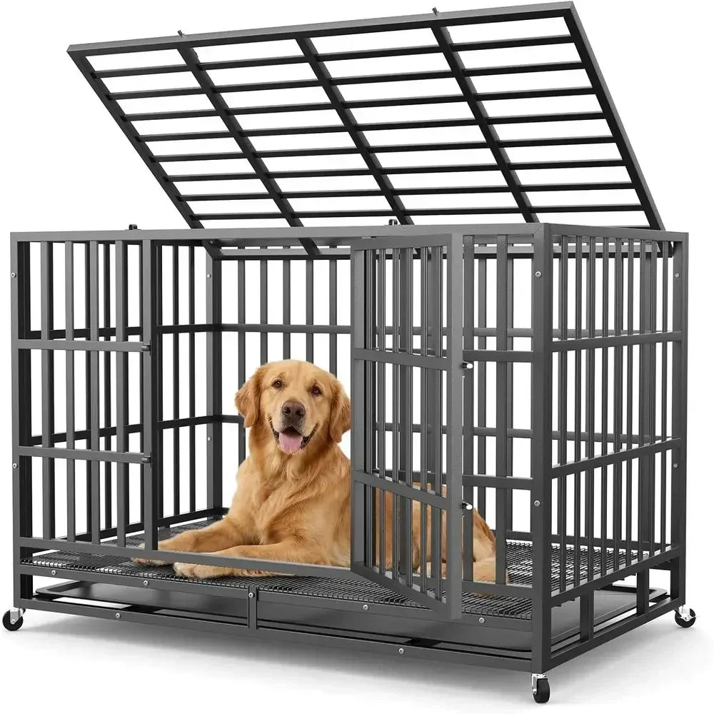 Heavy Duty Metal Dog Crate With Double Door And Wheels