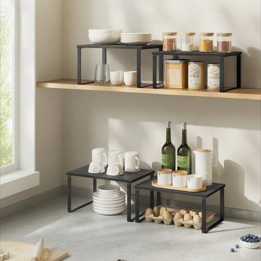 Stackable Cabinet Organizer Shelf Set With Metal Wood Top