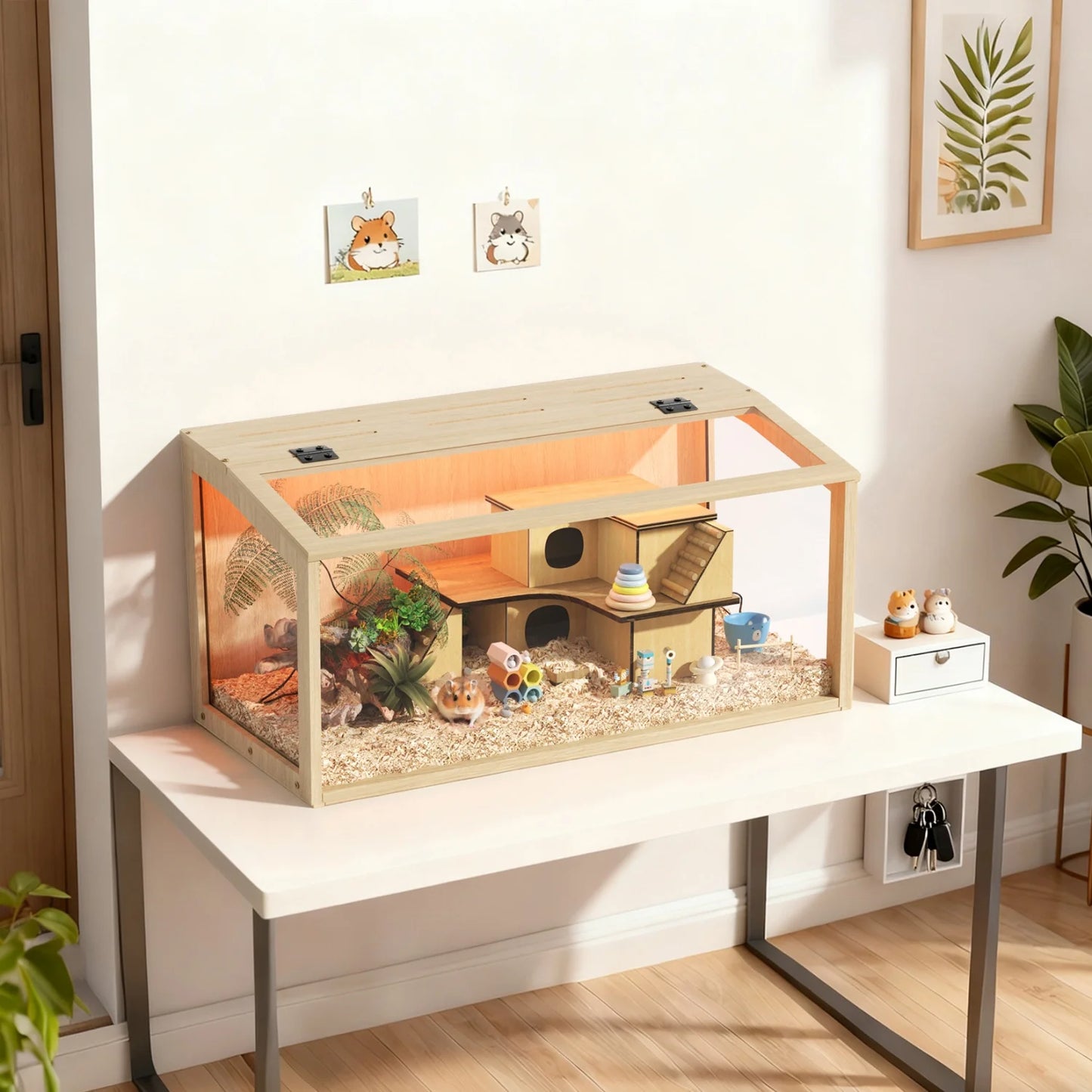 Chewproof Wooden Hamster Cage With Tempered Glass Panels LED