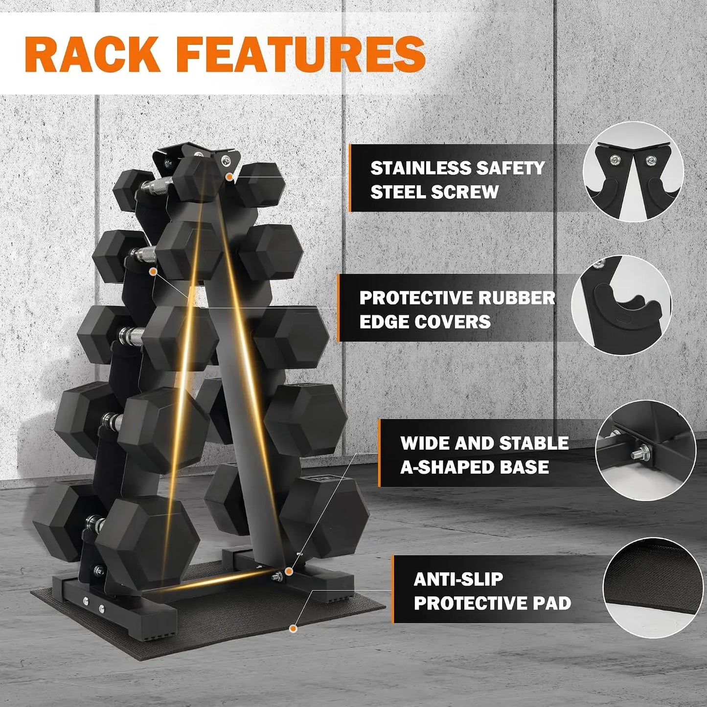 Rubber Coated Dumbbell Set With Rack 150 LB