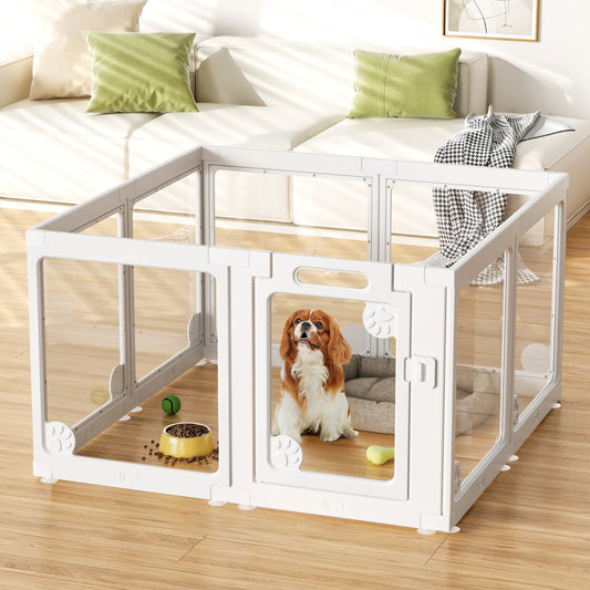 Clear Acrylic Dog Play Pen Indoors 24", 8 Panels Transparent Puppy Playpen with Door for Small Dogs Puppies, Modular Plastic Pet Playpen Cage Fence Crate for Cat Kitten Rabbit