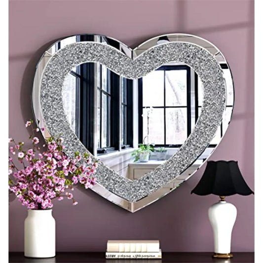 Heart Shaped Decorative Wall Mirror With Silver Diamond