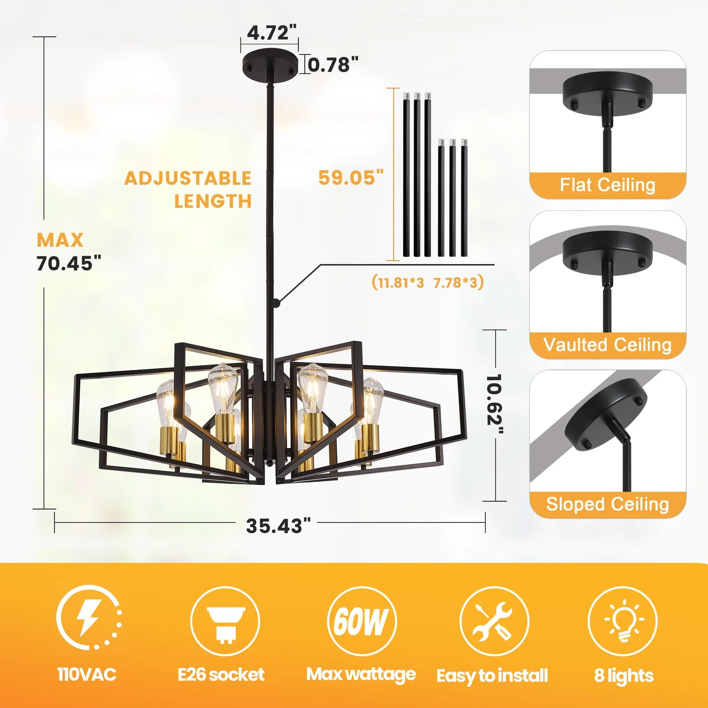 Geometric 8 Light Chandelier With Adjustable Height