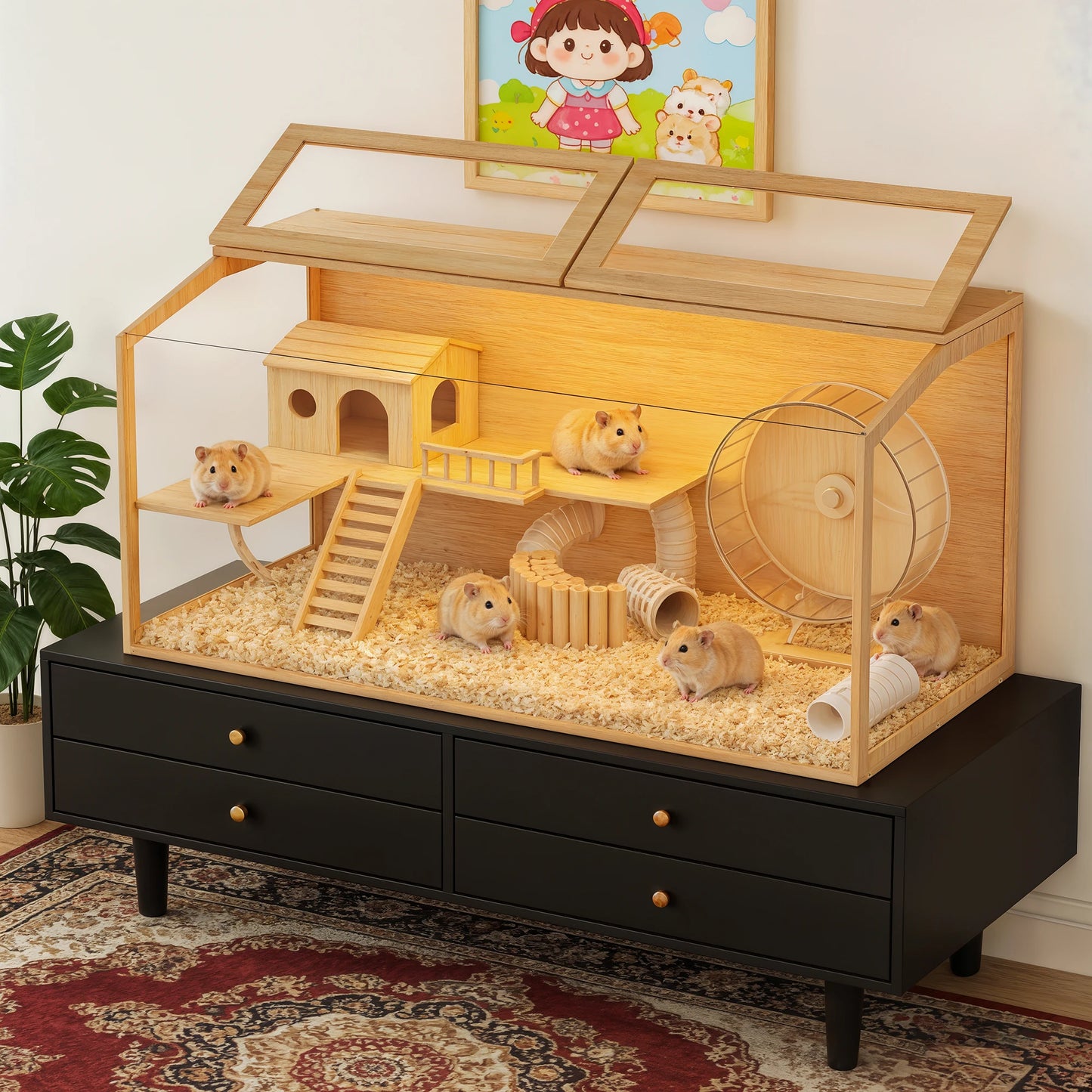 Wooden Hamster Cage With Built In LED Light