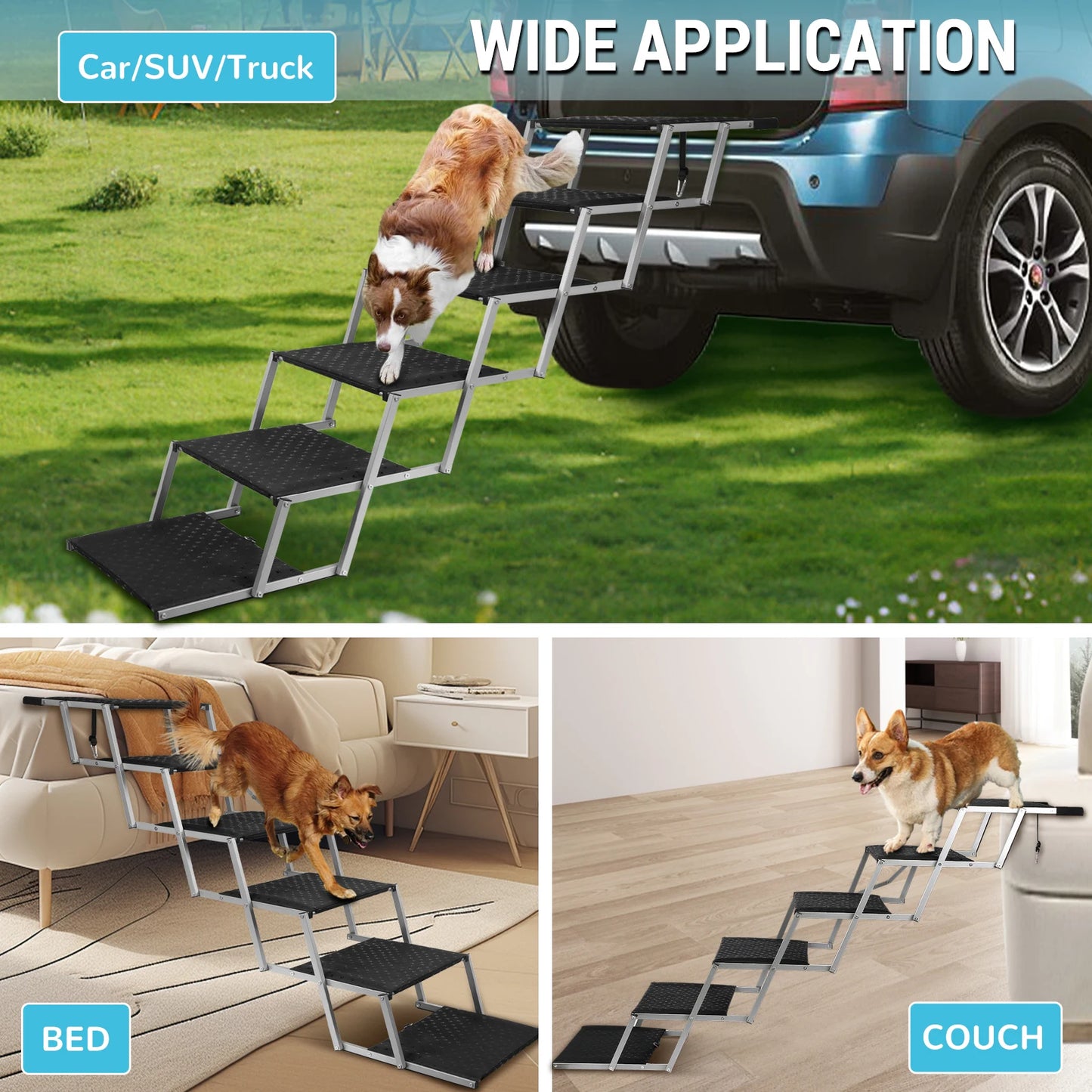 Adjustable Foldable Dog Stairs Set Stainless Steel Pet Steps
