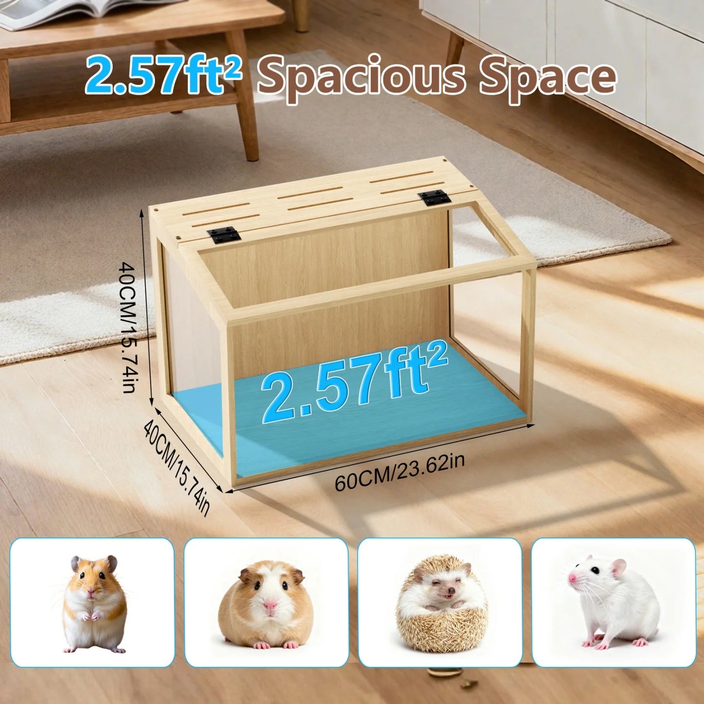 Chewproof Wooden Hamster Cage With Tempered Glass Panels LED