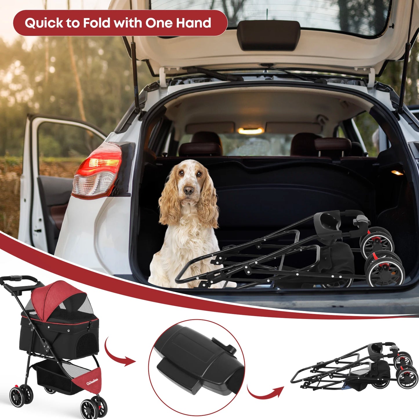 Chihuahua Pet Stroller 3 Wheel Foldable Breathable Canopy