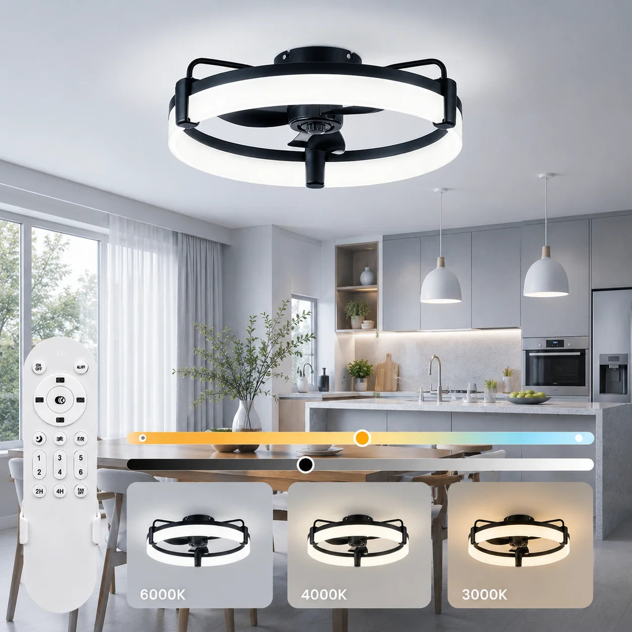 Aiopp Three Color Dimmable Ring LED Flush Mount Ceiling Fan