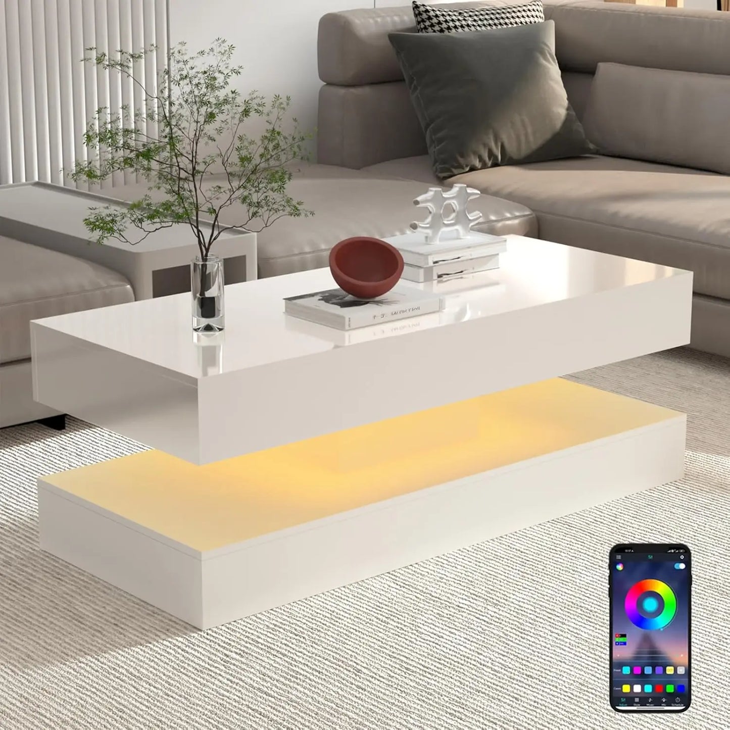 QiaoShiRen Modern LED Coffee Table with Dual Storage Drawers