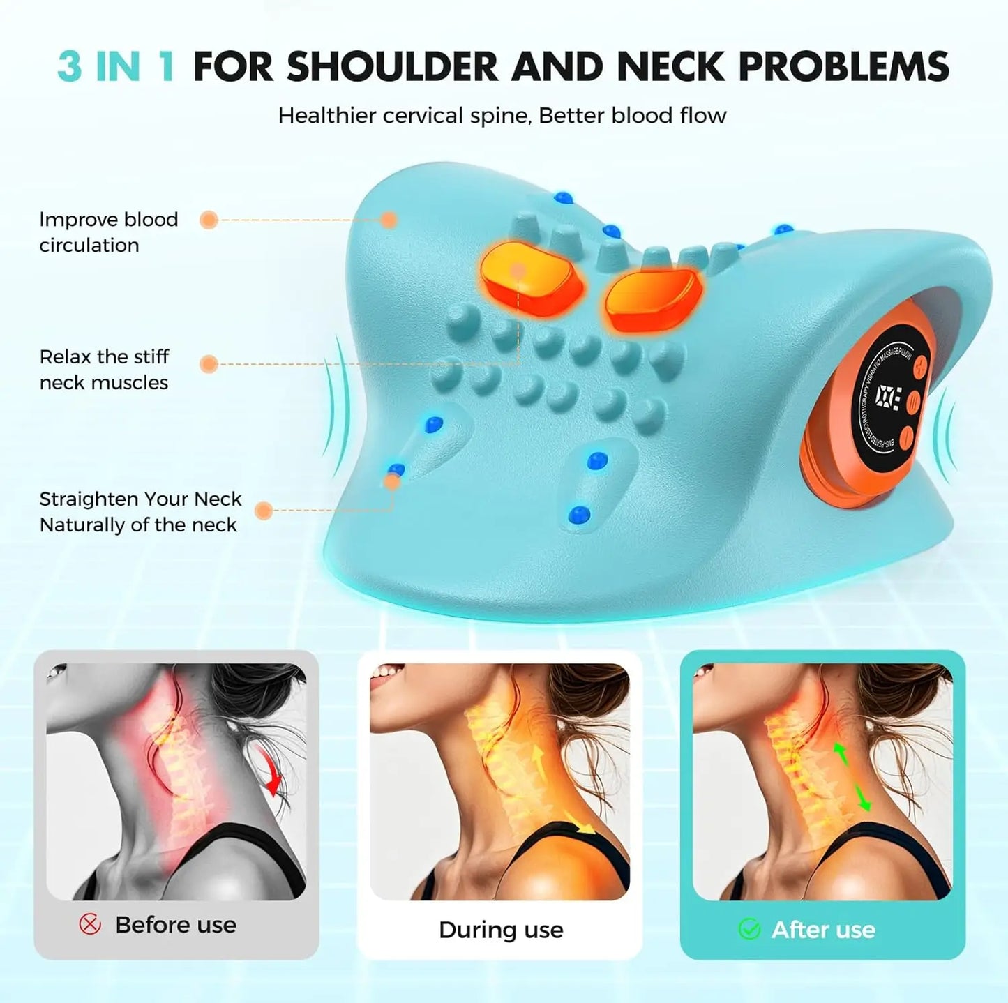 Rechargeable Portable Neck Massager 3In1 Shiatsu Heat