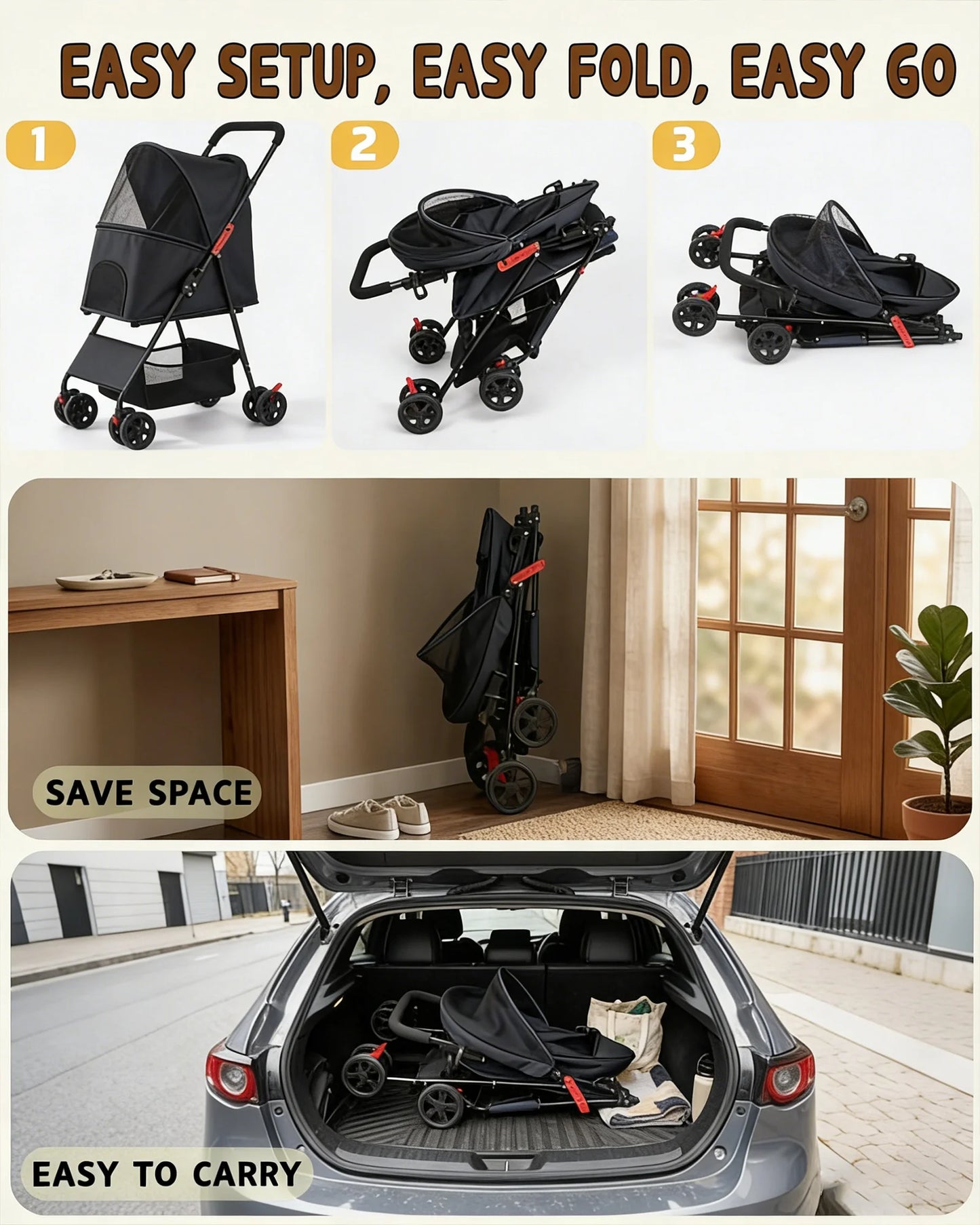 Cabusatly Lightweight Pet Stroller With Storage Basket