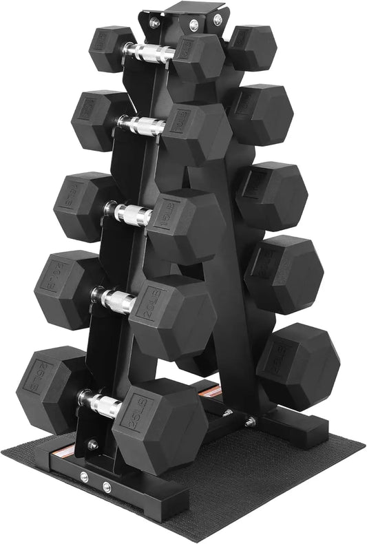 Rubber Coated Dumbbell Set With Rack 150 LB