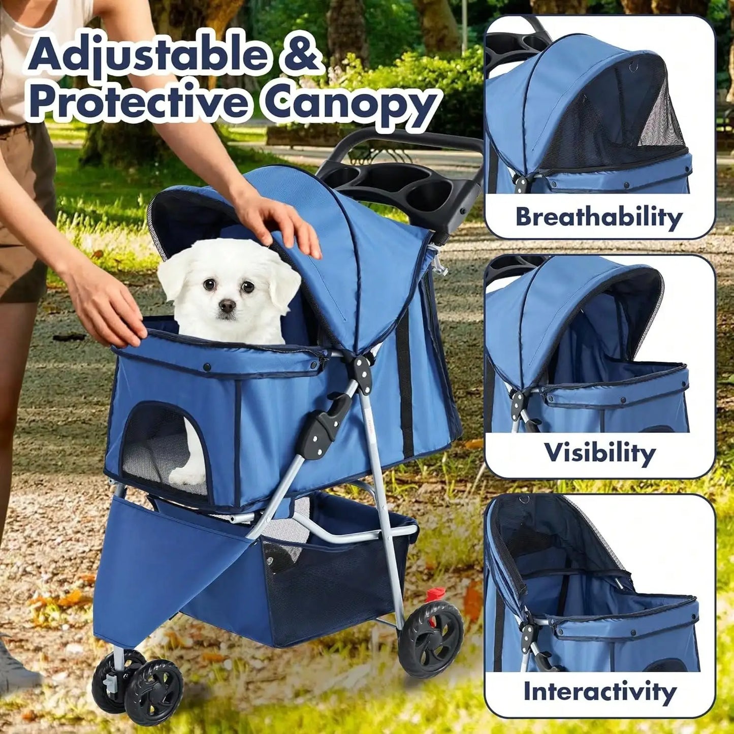 Three Wheel Pet Stroller Foldable With Cup Holder And Basket