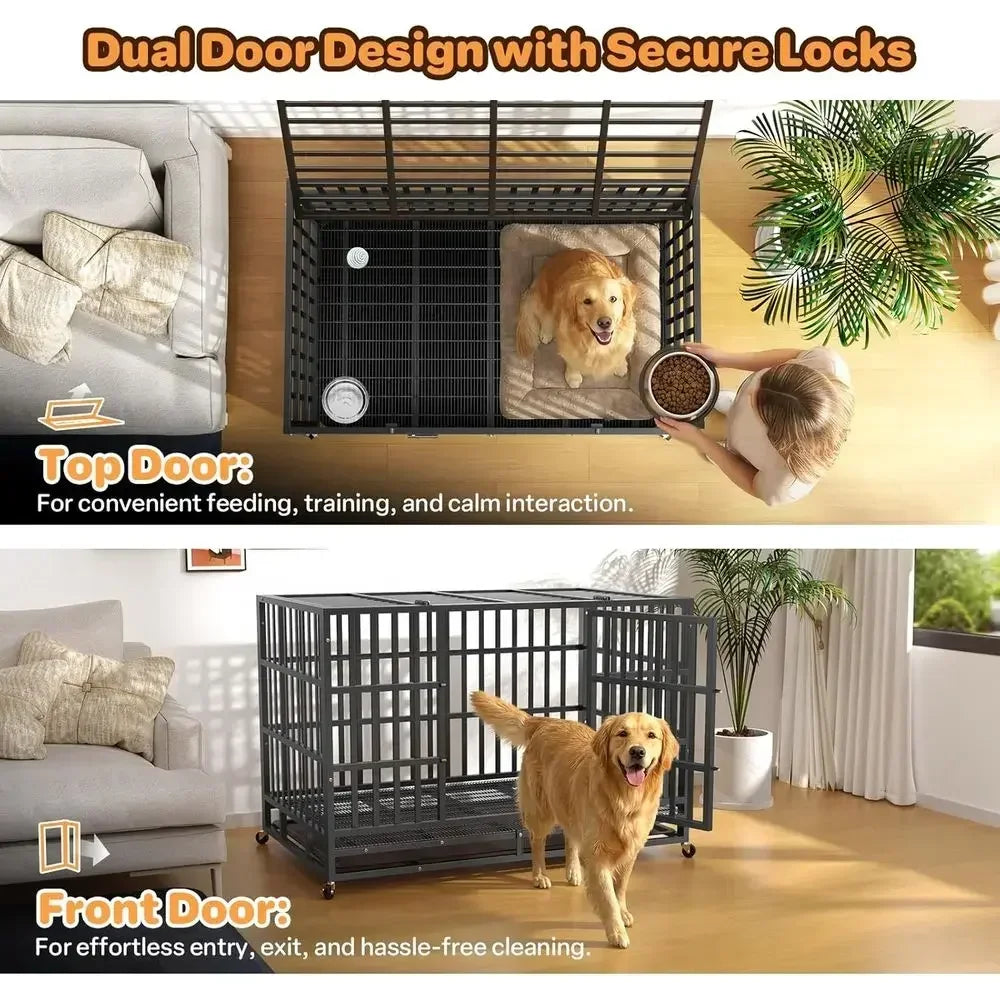 Heavy Duty Metal Dog Crate With Double Door And Wheels