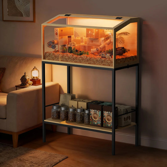Chewproof Wooden Hamster Cage With Tempered Glass Panels LED