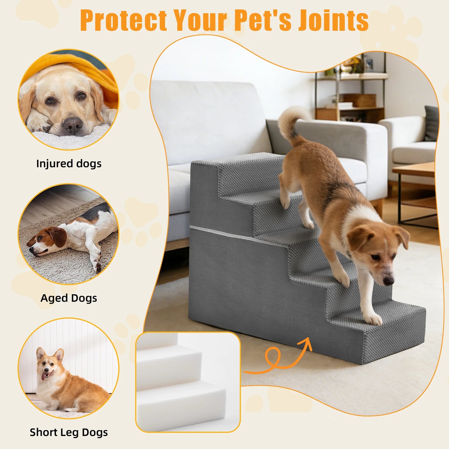 3-5 Step Right Angled Foam Dog Stairs For Small Dogs