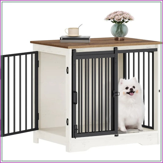 Dog Crate Furniture With Barn Door Heavy Duty Wood Kennel