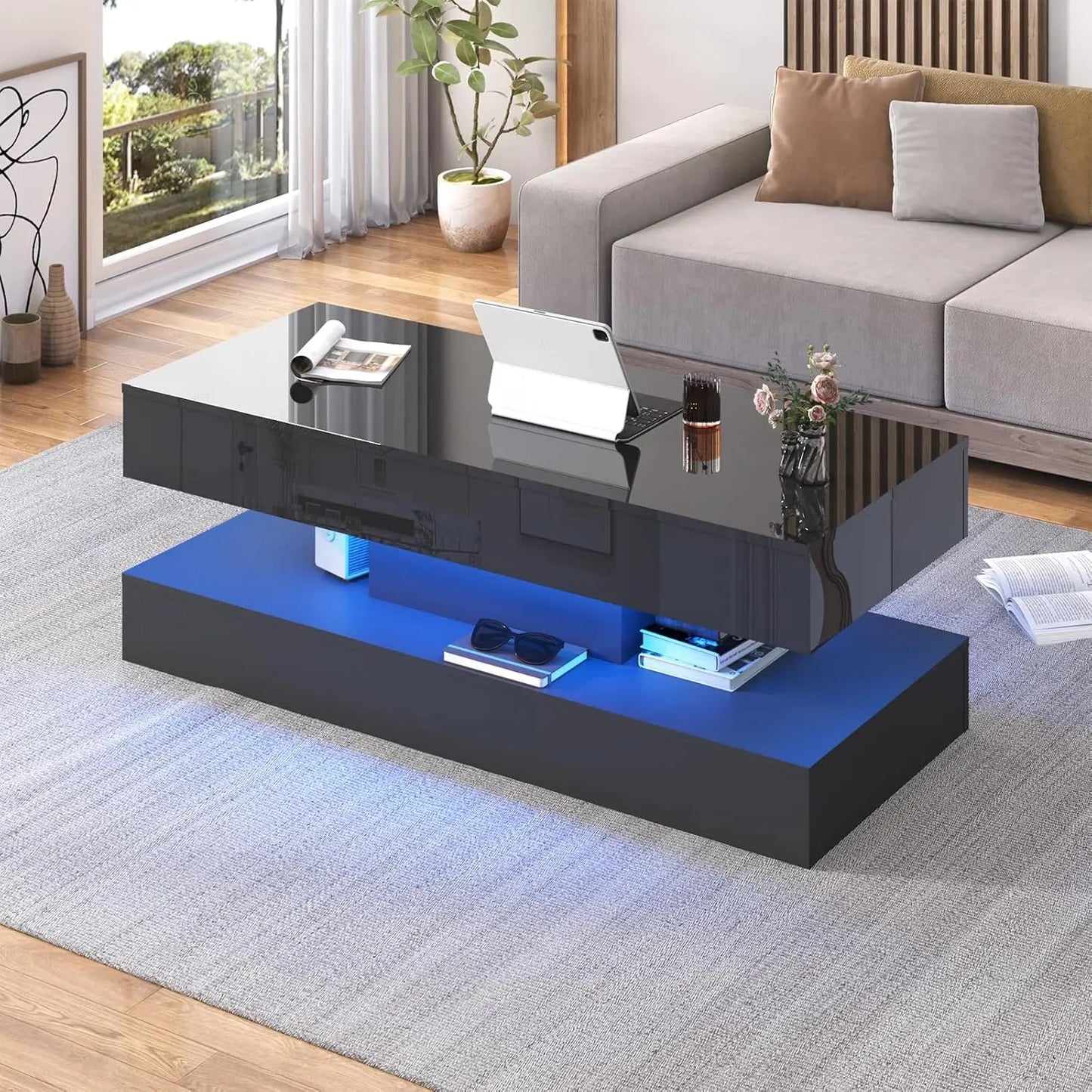QiaoShiRen Modern LED Coffee Table with Dual Storage Drawers