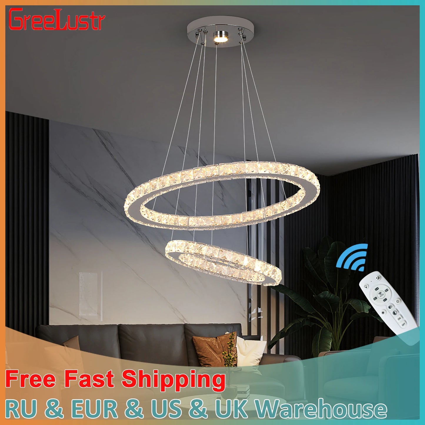GreeLustr Modern LED Crystal Ring Pendant Chandelier