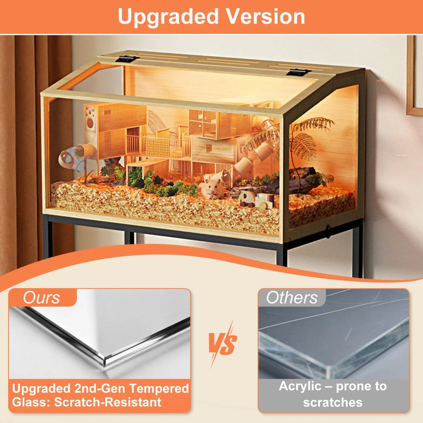Chewproof Wooden Hamster Cage With Tempered Glass Panels LED